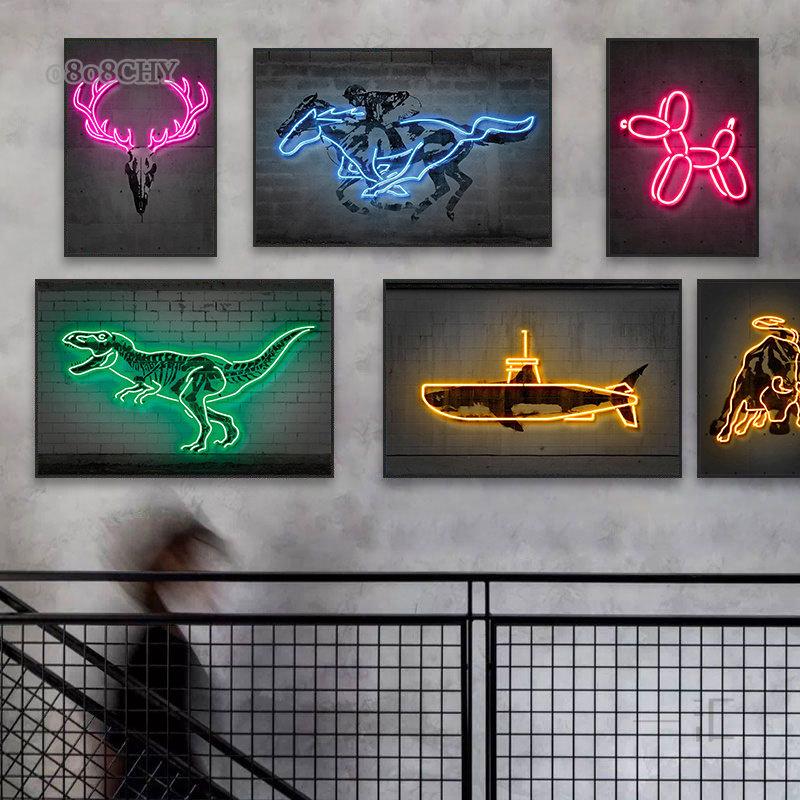 Neon Art Animals Canvas Prints Paintings Abstract Tiger Zebra Balloon Dog Bull Graffiti Posters Unique Home Bar Wall Art Decor