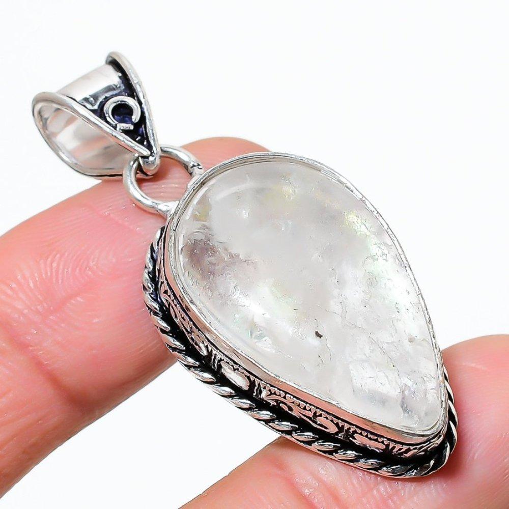 Rainbow Moonstone Gemstone 925 Sterling Silver Jewelry Pendant 1.97" h3E35