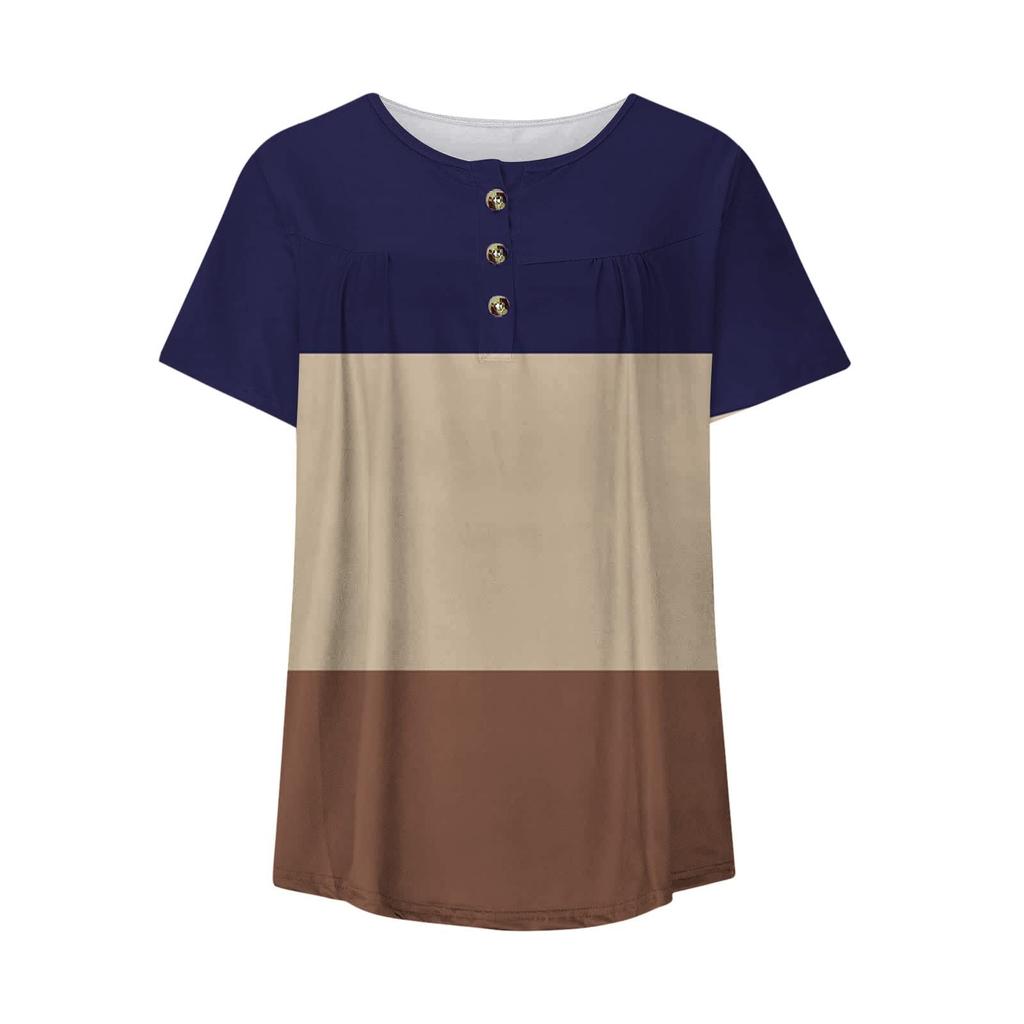 Women's V-Neck Color Block Patchwork Printed Button Flower Short Sleeve T-shirt Top