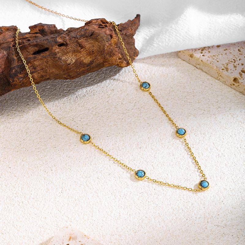 European & American Retro Turquoise Jewelry Set: Clavicle Chain, Round Stud Earrings, Bracelet, Necklace – Stainless Steel for Women