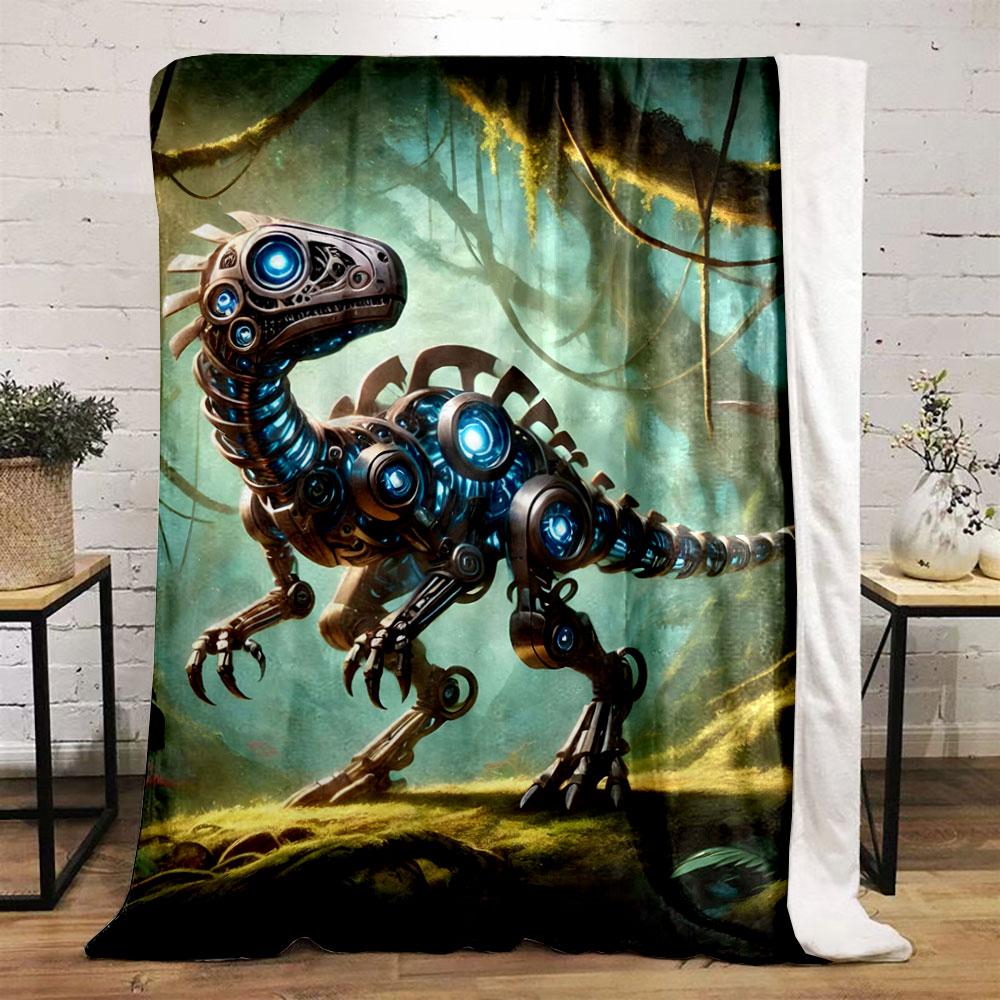 A Robotic Dinosaur with Glowing Blue Lights In a Lush Jungle Setting. for All Seasons Blanket Lunch Break Throw Gift