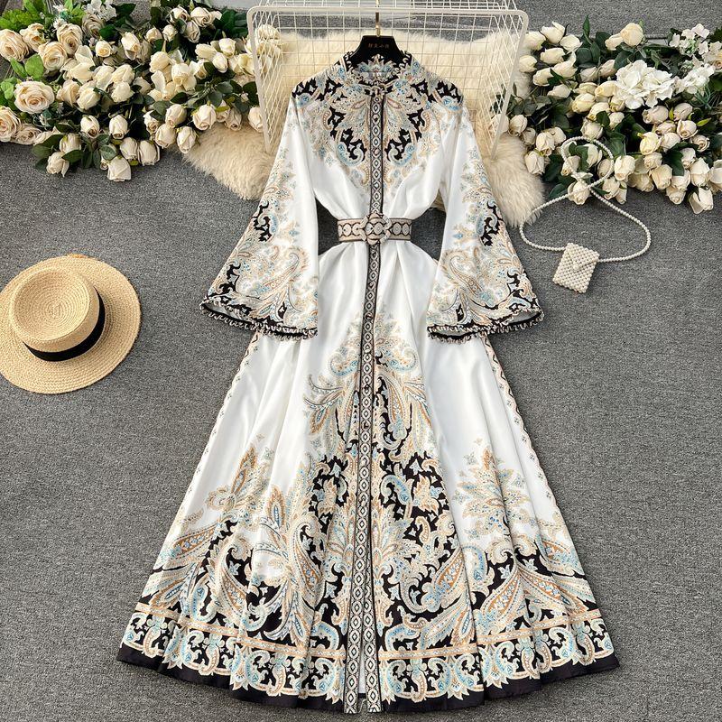 

Elegance Retro Stand Collar Horn Long Sleeve Big Hem Dress White L