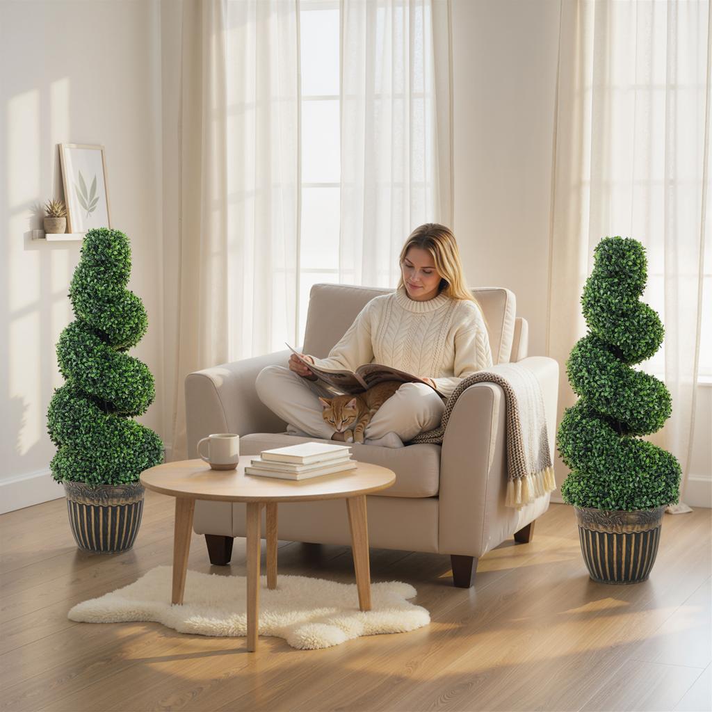 Sæt med 2 kunstige planter, Topiary Spiral Buxbomtræer med Potte, til Hjem Indendørs Udendørs Dekoration, 90cm