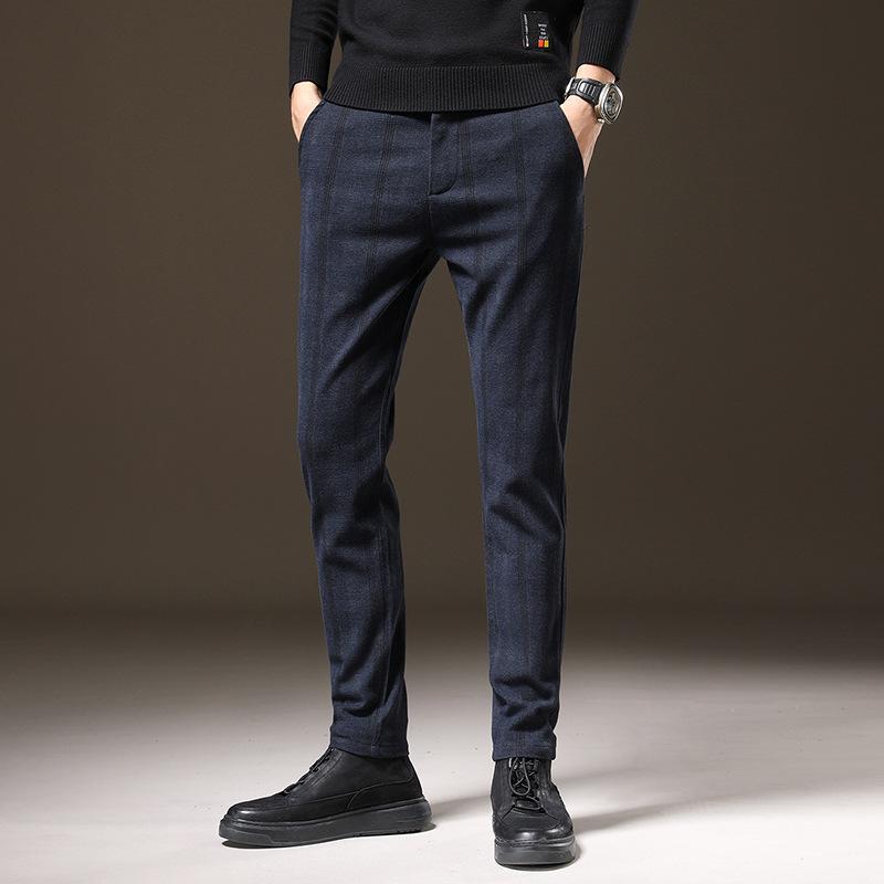 

2024 Мужские осенние и зимние брюки с плюшевым утолщением/Обычные повседневные эластичные сетчатые прямые брюки-трубы модные и трендовые 38 синий