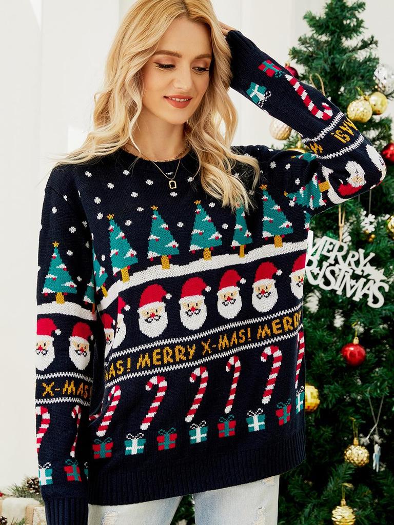 Autumn Winter Niche Design Christmas Tree & Snowman Knit Sweater for Women