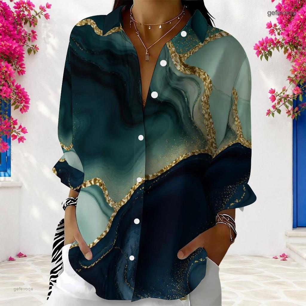 Women Plus Size Collared Long Sleeve Colorful Swirl Print Button Front Shirt