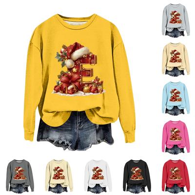 Moletom Casual Fashionável Feminino com Mangas Longas e Estampa de Letras de Natal com Gola Redonda