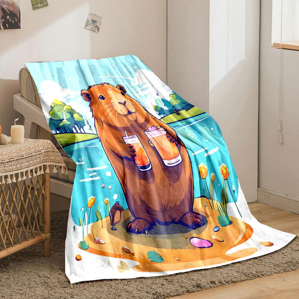 A Cheerful Guinea Pig Holding Two Drinks by a Lake In a Colorful Setting. for All Seasons Blanket Lunch Break Throw Gift