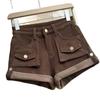 Autumn/Winter Plus Velvet High-Waisted Slimming A-Line Denim Shorts with Rolled Hem and Cargo Style