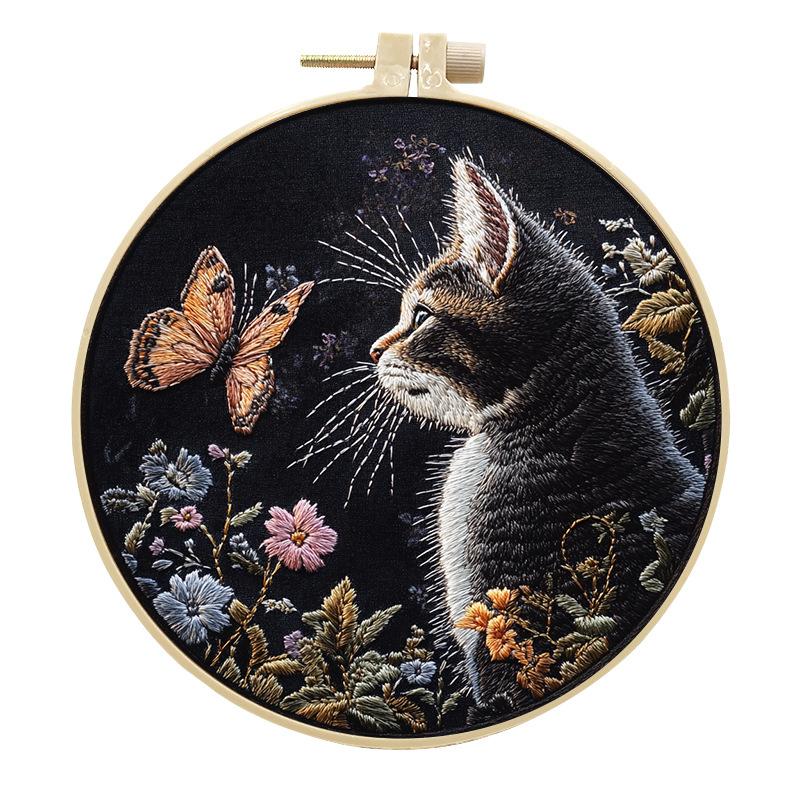 1pc Kitten, Butterfly, and Flower Pattern Embroidery DIY Fabric Craft Kit with Tools