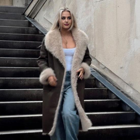 Faux Fur Long Trench Coat for Women Reversible Fuzzy Fleece Sherpa Lined Jackets Winter Furry Trimmed Casual Overcoat