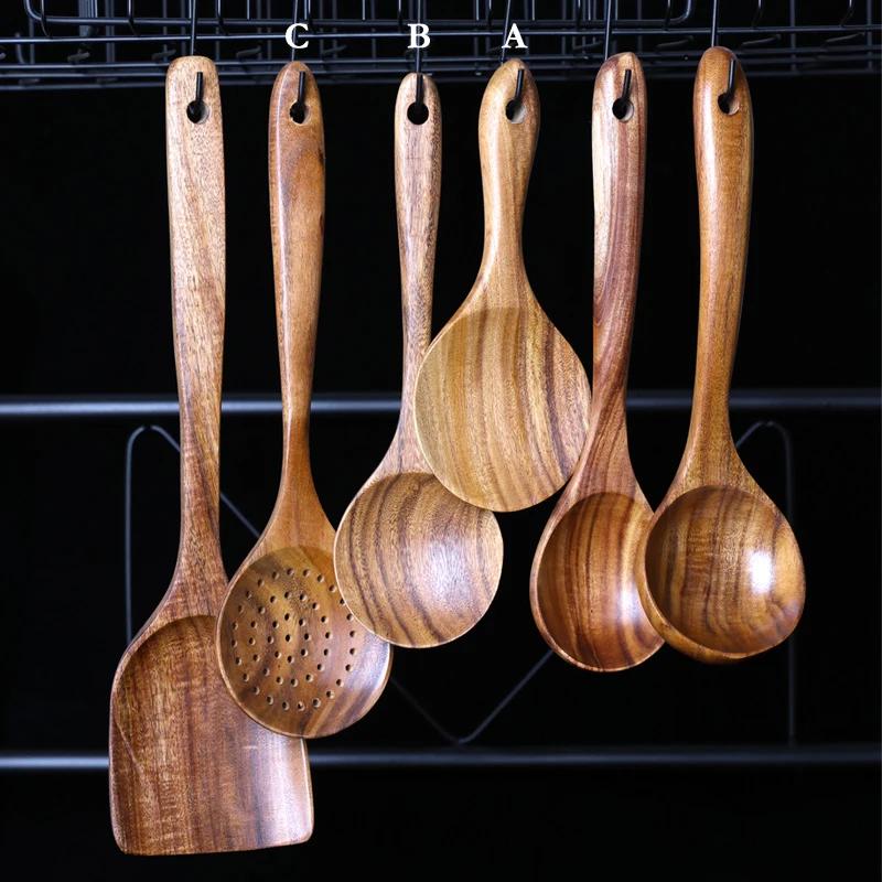 Wooden Kitchen Spoon Teak Wood Strainer Spoon Rice Scoop Paddle Large Wooden Spoon Skimmer for Cooking Wooden Kitchen Utensils