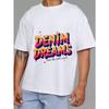 Denim Dreams White T Shirt with Colorful Graffiti Print and Ride The Wild Wind Slogan for Casual Streetwear Fashion