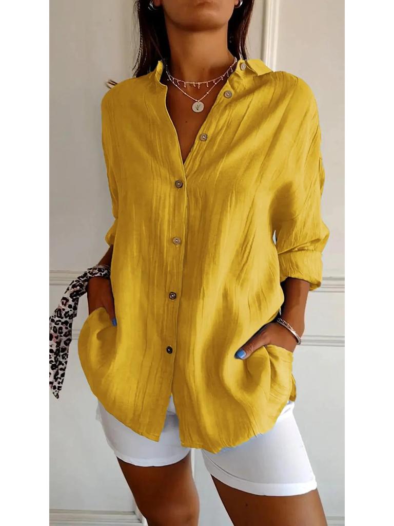 2024 Damen Einfarbiges Plissee-Revershemd mit Aufkrempelärmeln - Europäischer & Amerikanischer Stil