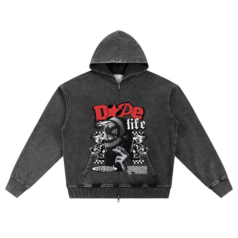 DTG print Knitted Denim Zip-Up Hoodie Streetwear Graphic Brother Print Zipper Hoodies  