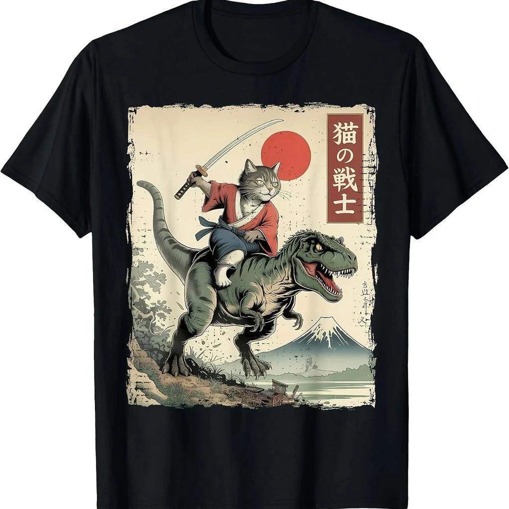 Funny Samurai Cat Riding T-Rex Ukiyo-E Style Graphic T- Shirt Streetwear Tee