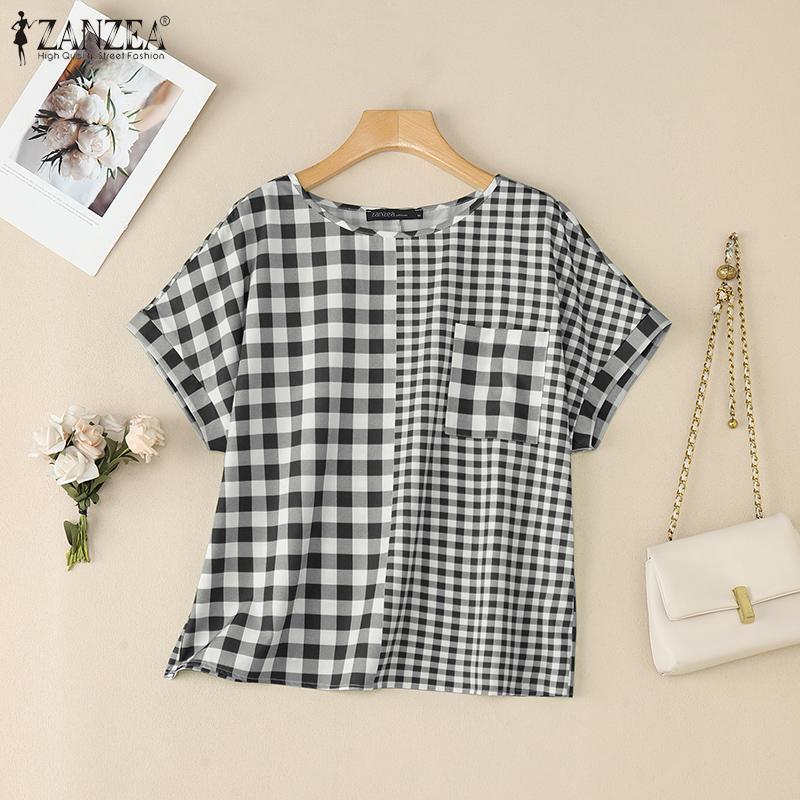 ZANZEA Women Casual Round Neck Plaid Print Summer Short Sleeve Blouse