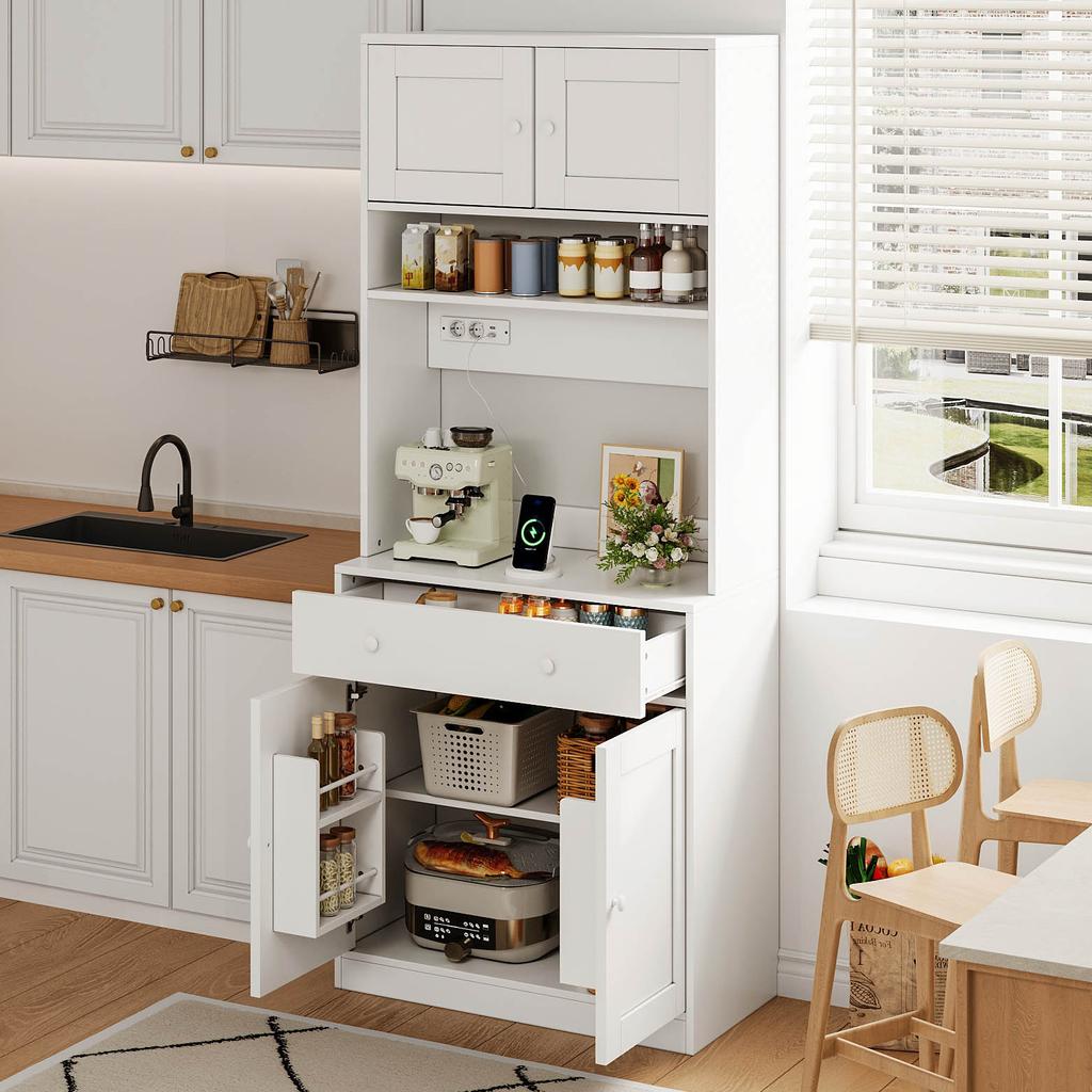 180 Cm Kitchen Cabinet, Tall Cabinet with LED, Kitchen Shelf with Socket, Spice Rack and Large Drawer for Kitchen, Dining Room & Living Room