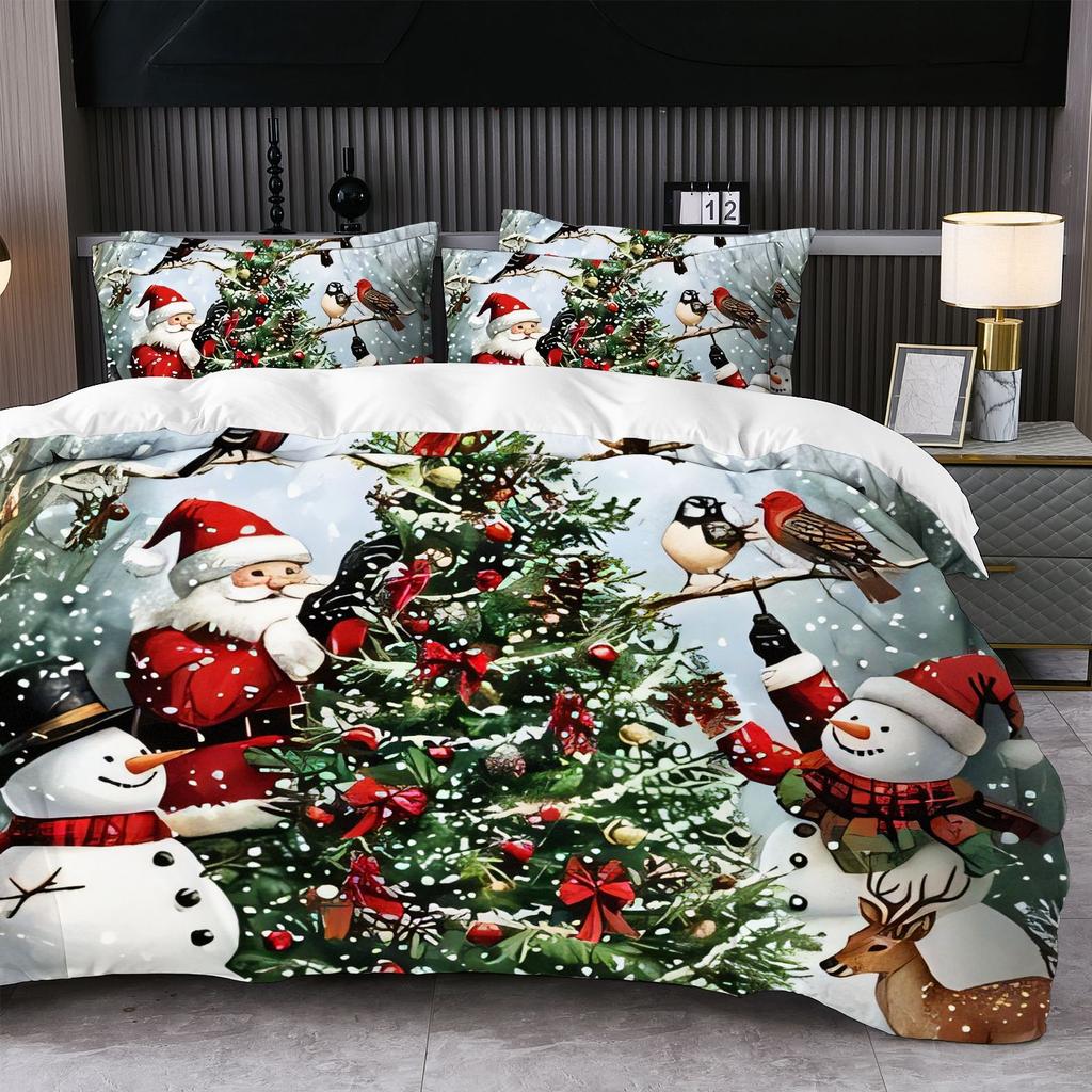 Christmas-themed Printed Duvet Cover and Pillowcase Set Santa Claus Reindeer Sleigh Christmas Tree Snowflakes 2pcs/3pcs Bedding