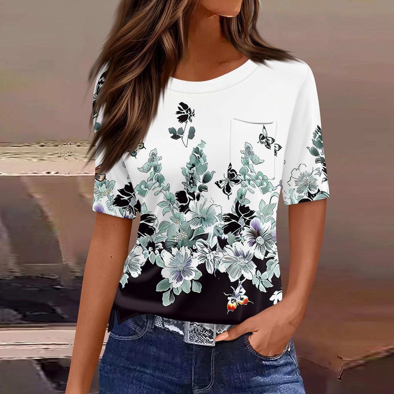 

Футболки для женщин с круглым вырезом, нарядные повседневные блузки с принтом, короткие рукава, летние топы свободного кроя S белый