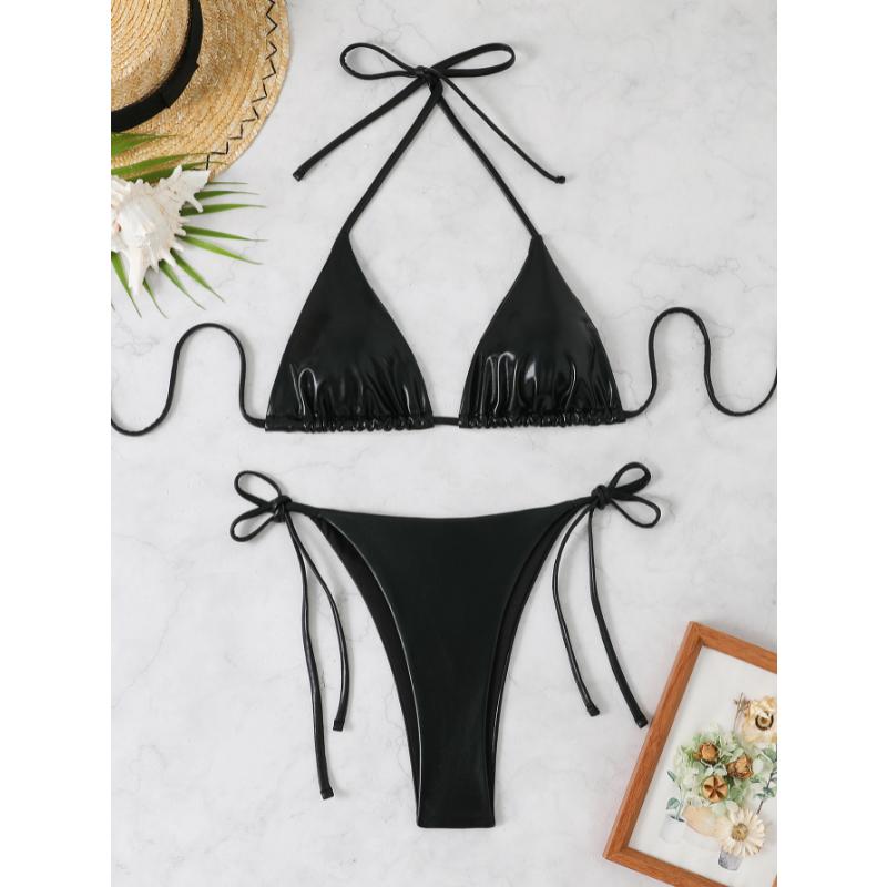 Damen Glänzendes Schwarzes Dreieck Bikini Set Neckholder zum Binden Seitenbändchen Tanga Ohne Bügel Sexy Strand Badebekleidung