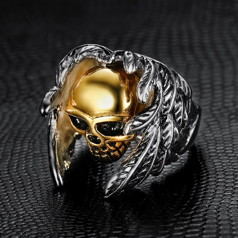 S925 Silver Ring, Travel Domineering Retro Ring, Men's Skull and Wings Ring, Gold Motorcycle Men's Ring
