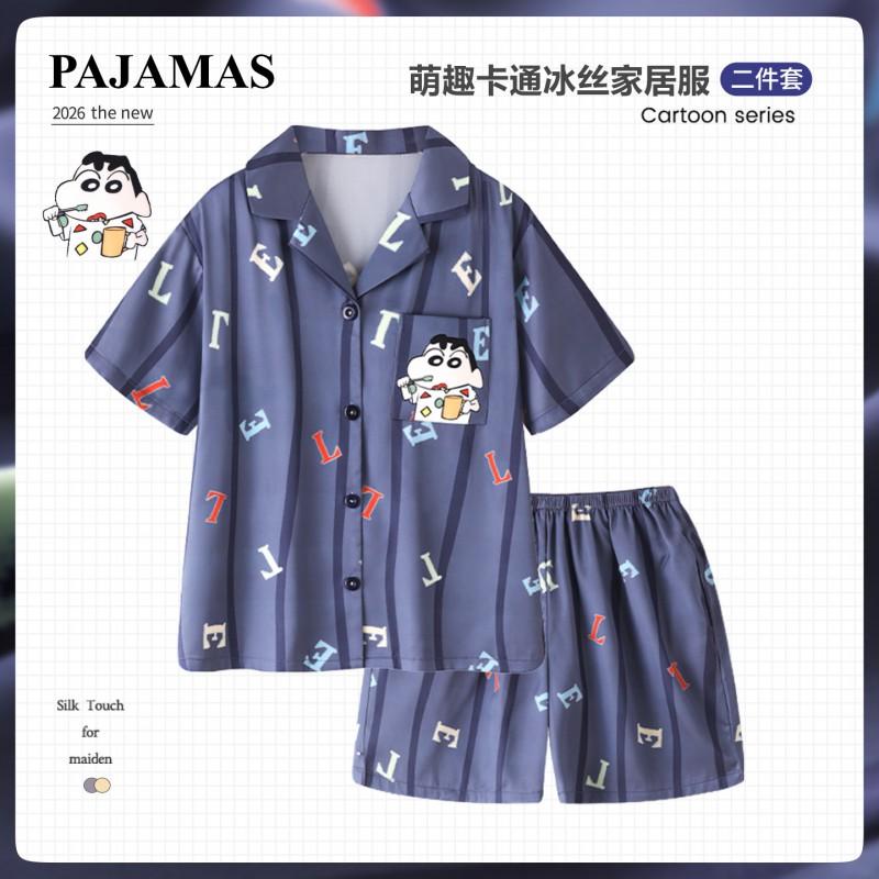 Boys Lightweight Ice Silk Pajama Set Short Sleeve Sleepwear Kids 3-8 Years Cartoon Print Two-Piece Home Wear