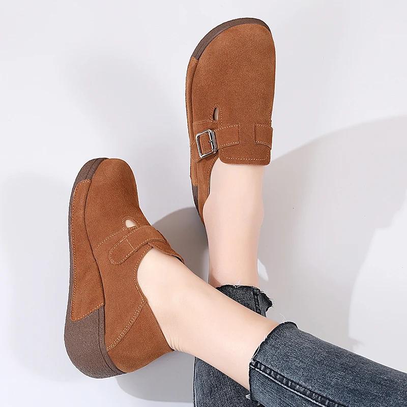 Women Flatform Moccasins Sneakers Ladies Slip-On Loafers Wedges Walking Shoes High Quality Thick Bottom Cow Suede Casual Shoes