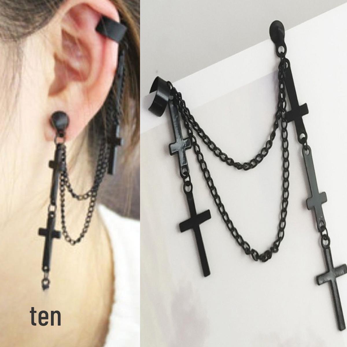

Punk Double-Layer Cross Tassel Chain Ear Clips for Women золотий