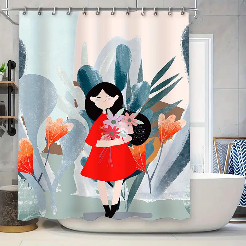 

Modern Home Decor Shower Curtain With Floral Design Featuring A Cute Girl Holding Flowers Blue White Floral Print Easy Installat W60H190(CM)-1 Pcs