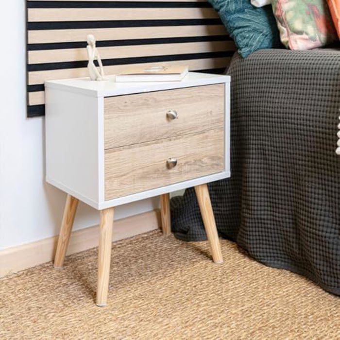 Table De Chevet - VINTHERA - MOA - Blanc - 2 Tiroirs - Style Scandinave