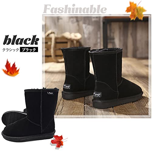 N Gaji Damen Lammfellstiefel, Echtes Rindsleder mit Schafwollfutter, Flauschige Wasserdichte und Rutschfeste Sohle, A22 (Schwarz, Größe 24.5)