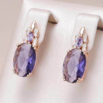 Oval Large Purple Zircon English Clasp Earrings for Women Golden Vintage Fashion Jewelry Party Daily Elegant Accessories