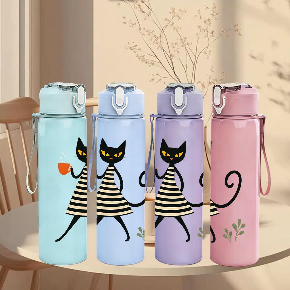 1PC Striped Black Cat Walking Figure 750ml Color Plastic Sports Water Bottle Leakproof Flip Straw Lid For Sports Office Home Use