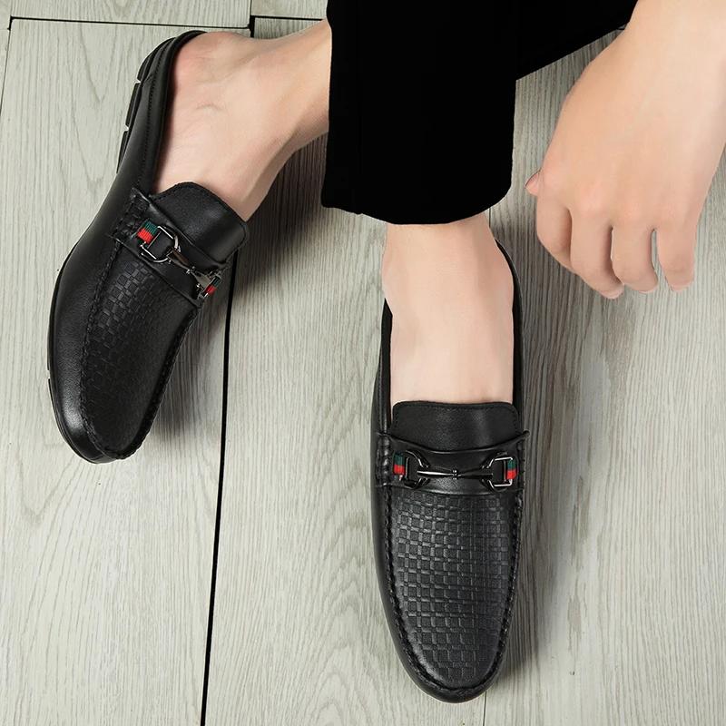 2024 New Summer Soft Sole Men's Slippers Genuine Leather Half Slippers for Men Casual Shoes Breathable Shoes Lightweight Sandals