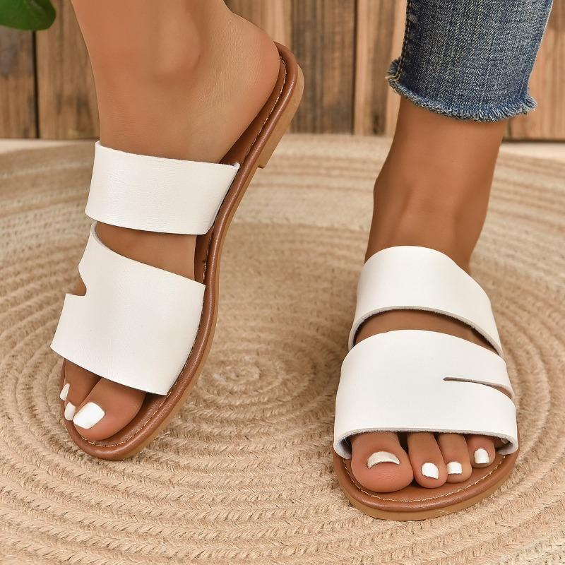 Fashion 2025 Summer New Solid Color Round Toe Open Toe Women's Slippers for Casual Wear Plus Size Fashionable Beach Sandals Flat Bottom