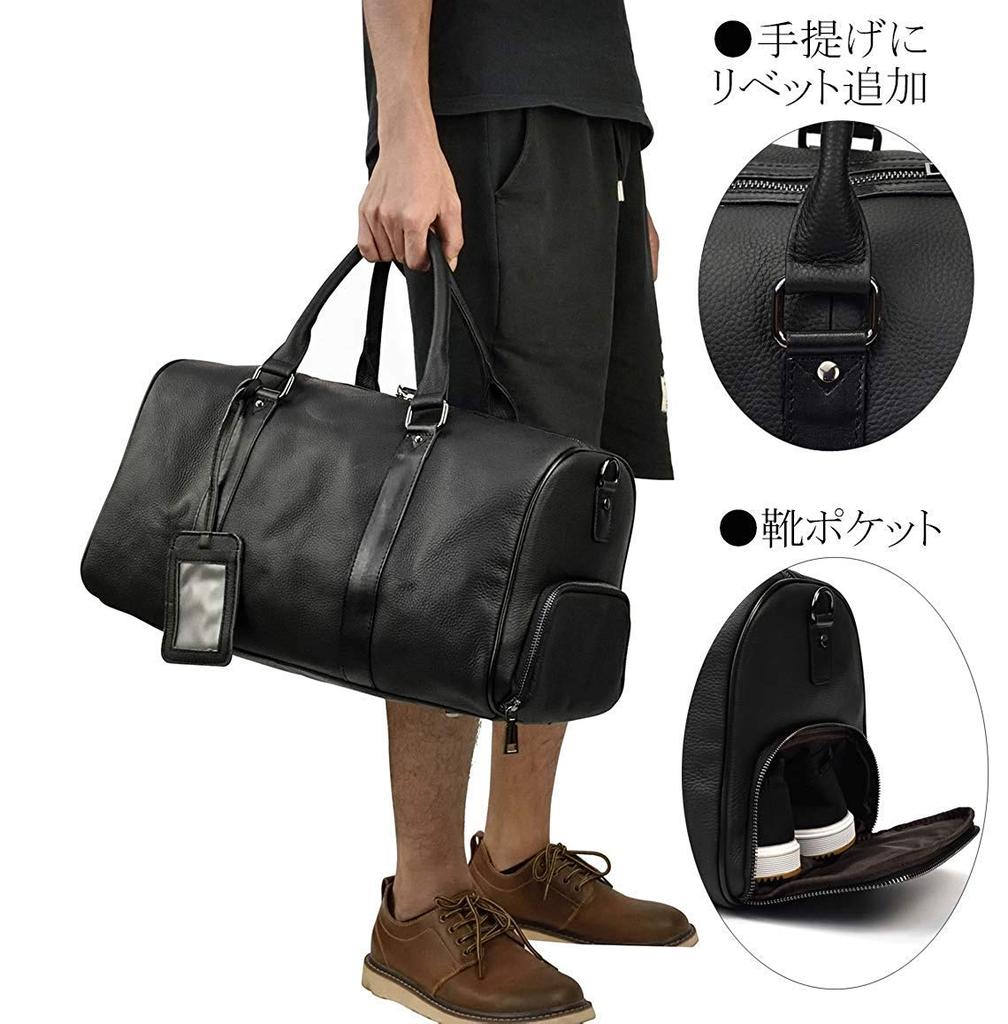 Genuine Leather Boston Bag with Shoe Travel Cowhide Leather with Perfect for Golf Black Men's Compartment, 2-Way Carry-On Bag, Studs, Two-Night Trips,