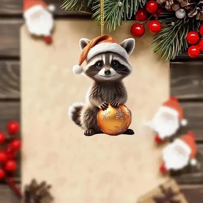 2D nieuwe schattige kerst wasbeer hanger acryl platte auto achteruitkijkspiegel hanger vakantie decoratie kerstboom hanger
