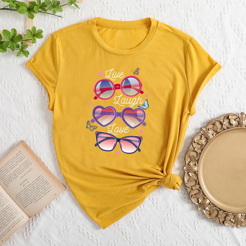 Sommer Damenbrillen Bedruckte Lockere Rundhals Freizeit Reine Baumwolle Kurzarm T-Shirts Damen