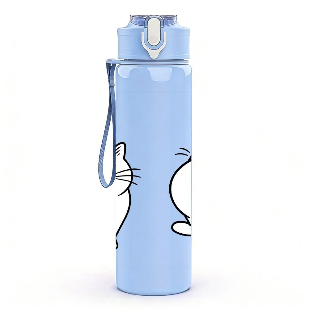 1PC Black White Cat Couple Cartoon Pattern 750ml Color Plastic Sports Water Bottle Leakproof Flip Straw Lid Suitable for Sports Office Home Use