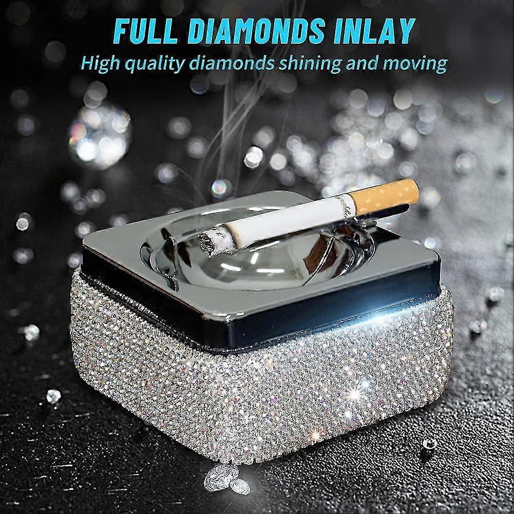 Ashtray,stainless Steel Ashtray With Lid Bling Crystal Diamonds,cigarette Ashtray- Silver - DD