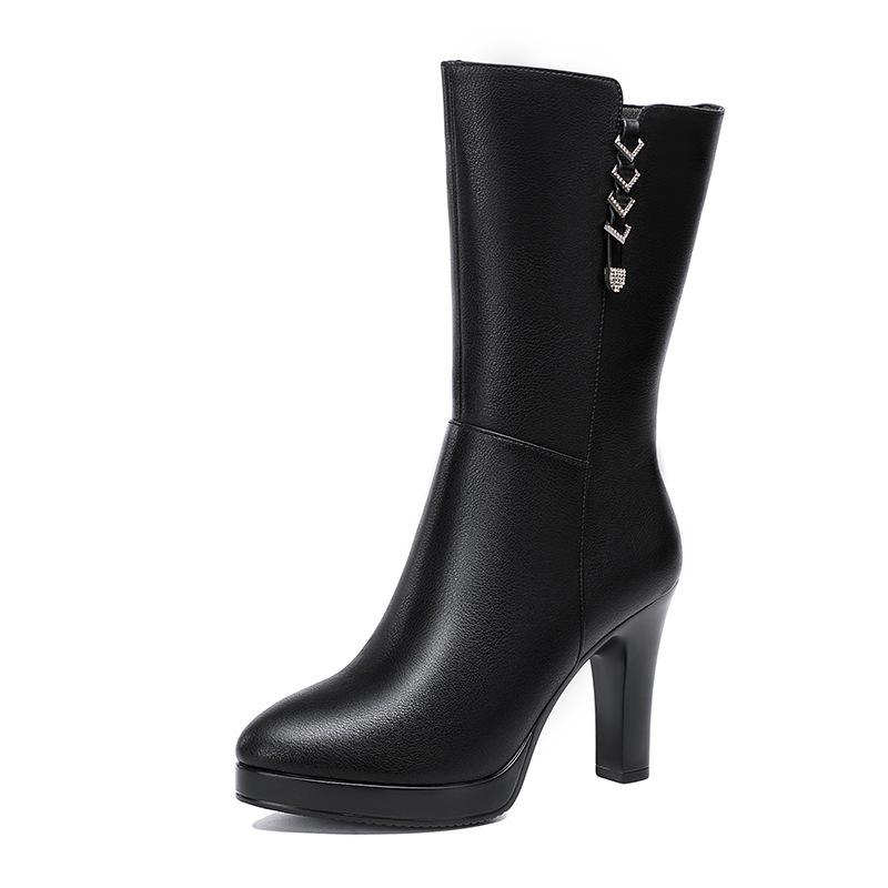 

10 см Модные Удобные Ботинки до середины икры Мотоциклетные Женские Туфли на платформе Зима 2025 Блочный высокий каблук Теплый плюш Кожаные Боты 37