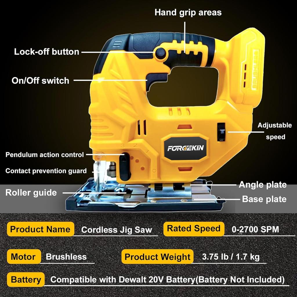 FORGEKIN20VCordless Jigsaw 3500RPM Electric Saw 45 Degree Cutting Angle Jigsaw Woodworking Tools For DEWALT battery PIN