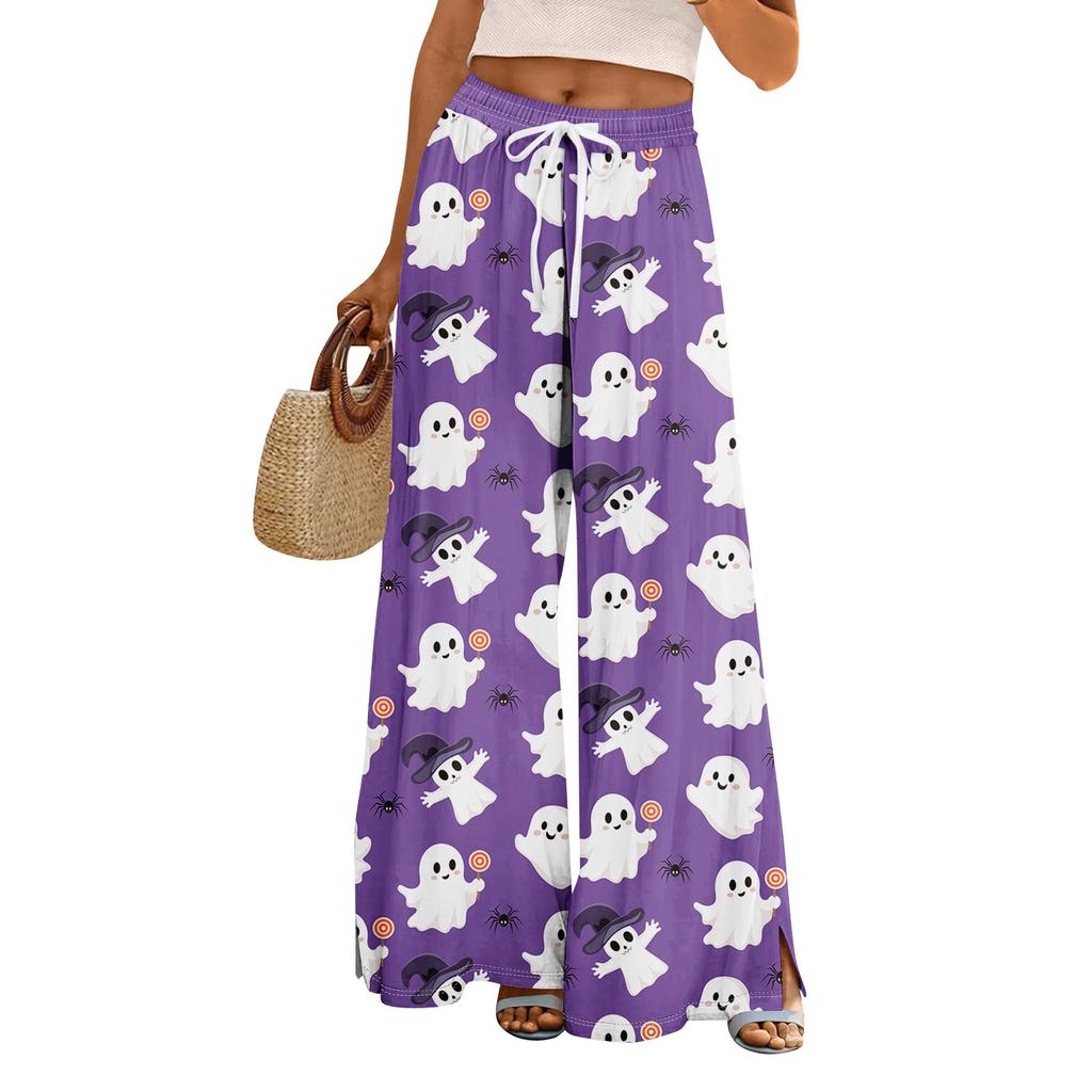 Women Summer Boho Palazzo Pants High Waist Wide Leg Halloween Printing Casual Trousers With Pockets
