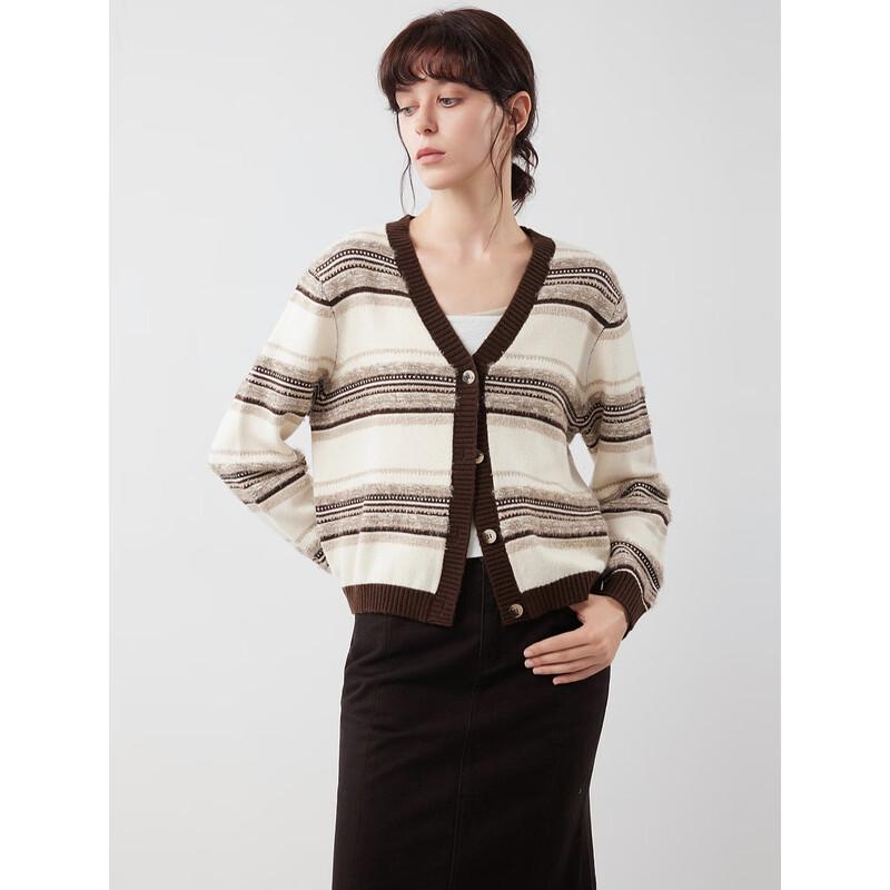 ELLE Retro Striped Lamb Wool V-Neck Cardigan