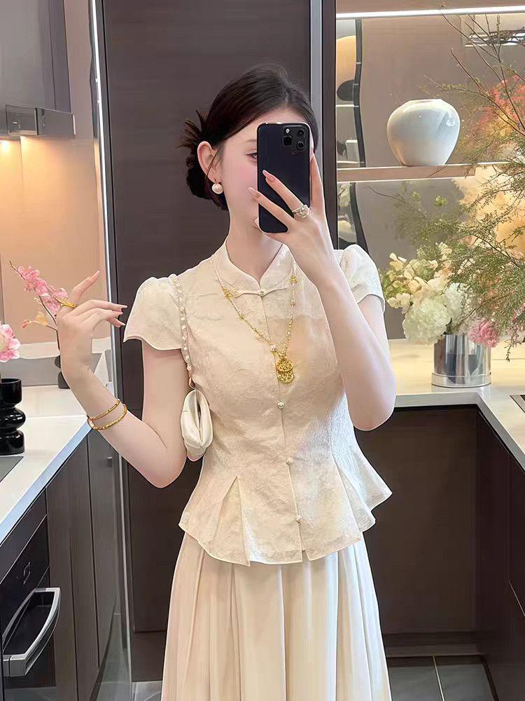Summer Chinese Style Apricot Frog Button Skirt-Pants Suit for Women - Elegant & Luxurious