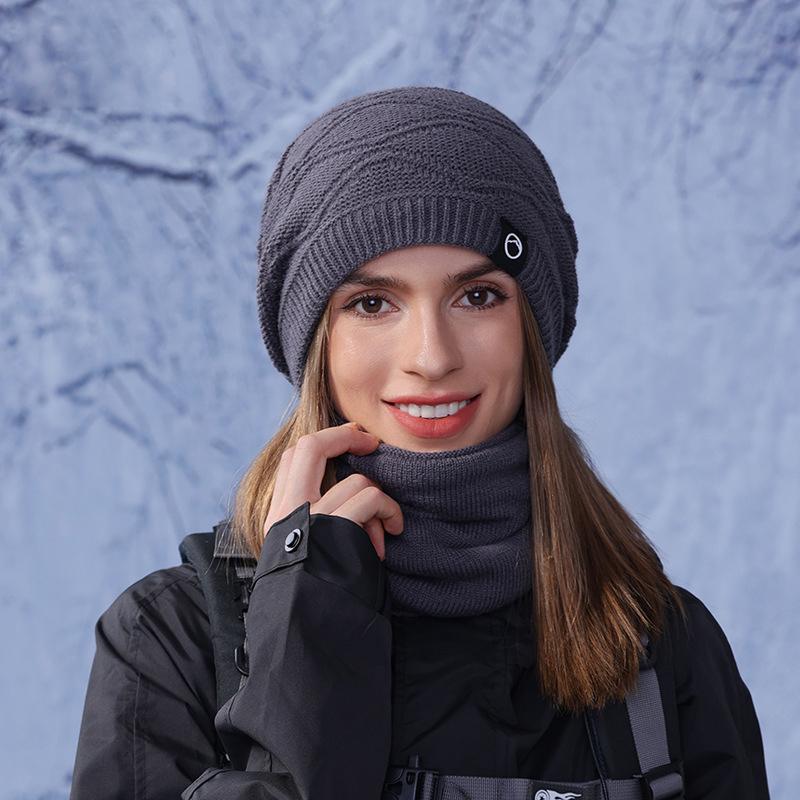 Vinterlue Skjerf Todelt Sett Dame Utendørs Fløyel Varm Øreklaffer Strikket Ullue