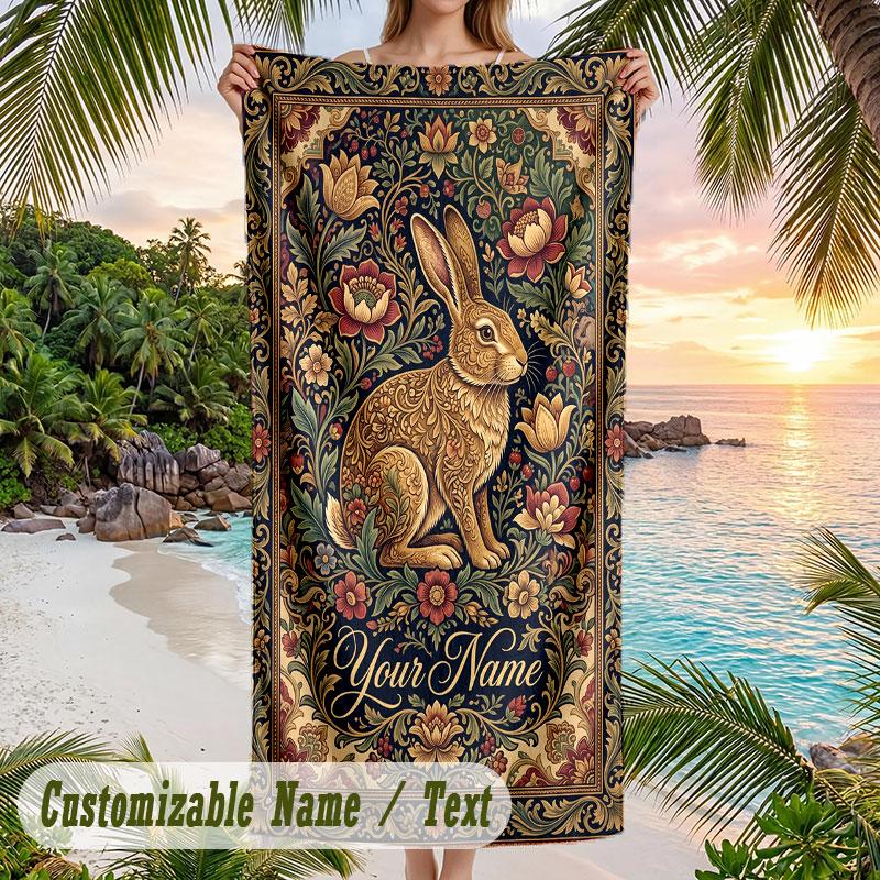 Rabbit Family Frame Theme Quick Dry Beach Towel Custom Name Text Print Large Sand Resistant Towel Beach Vacation