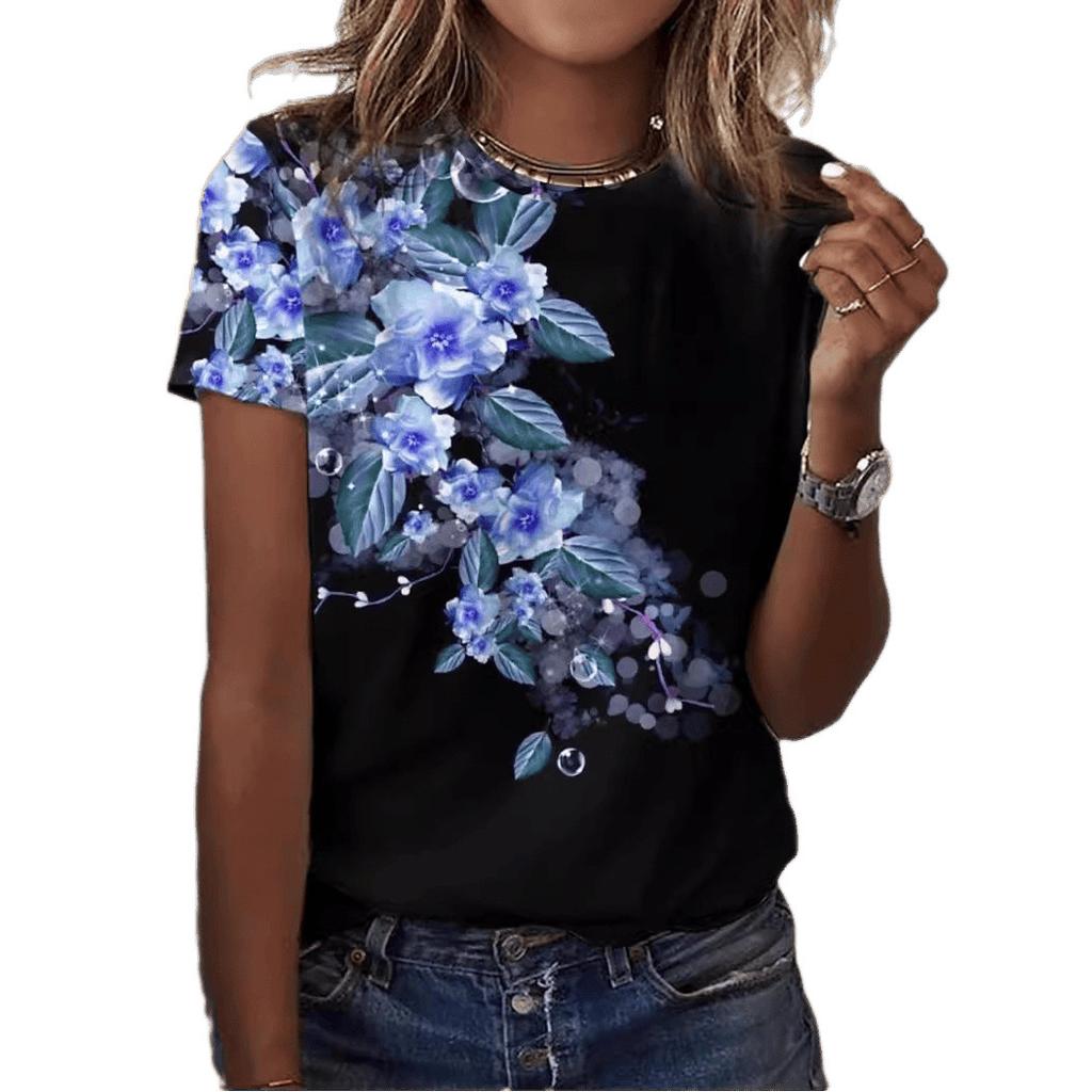 Round Neck 3D Flower Printed T-shirts Fashionable Short Sleeved Women's T-shirts - Soft Medium Stretch Polyester Fabric Summer Relaxed Fit Clothing