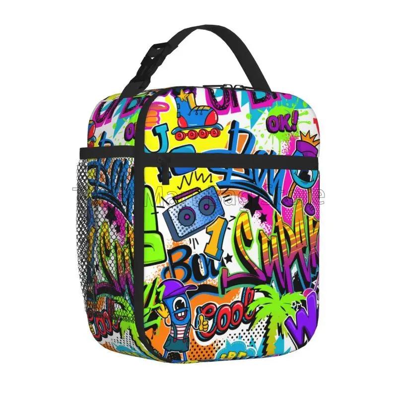 Bolsa de Almuerzo Aislada Reutilizable Portátil Oxford para Viajes Trabajo con Diseño de Graffiti Urbano Cómics Hip Hop